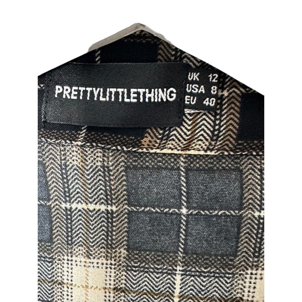 PrettyLittleThing Brown & Tan Plaid Long Sleeve Oversize Button-Up Top Sz 8 - Picture 5 of 5